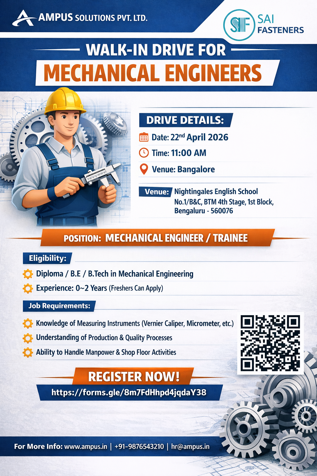 Walk-in Drive – Sai Fasteners | 22 Apr, 11 AM, Bangalore. Mechanical Engineer/Trainee. Diploma/BE/BTech